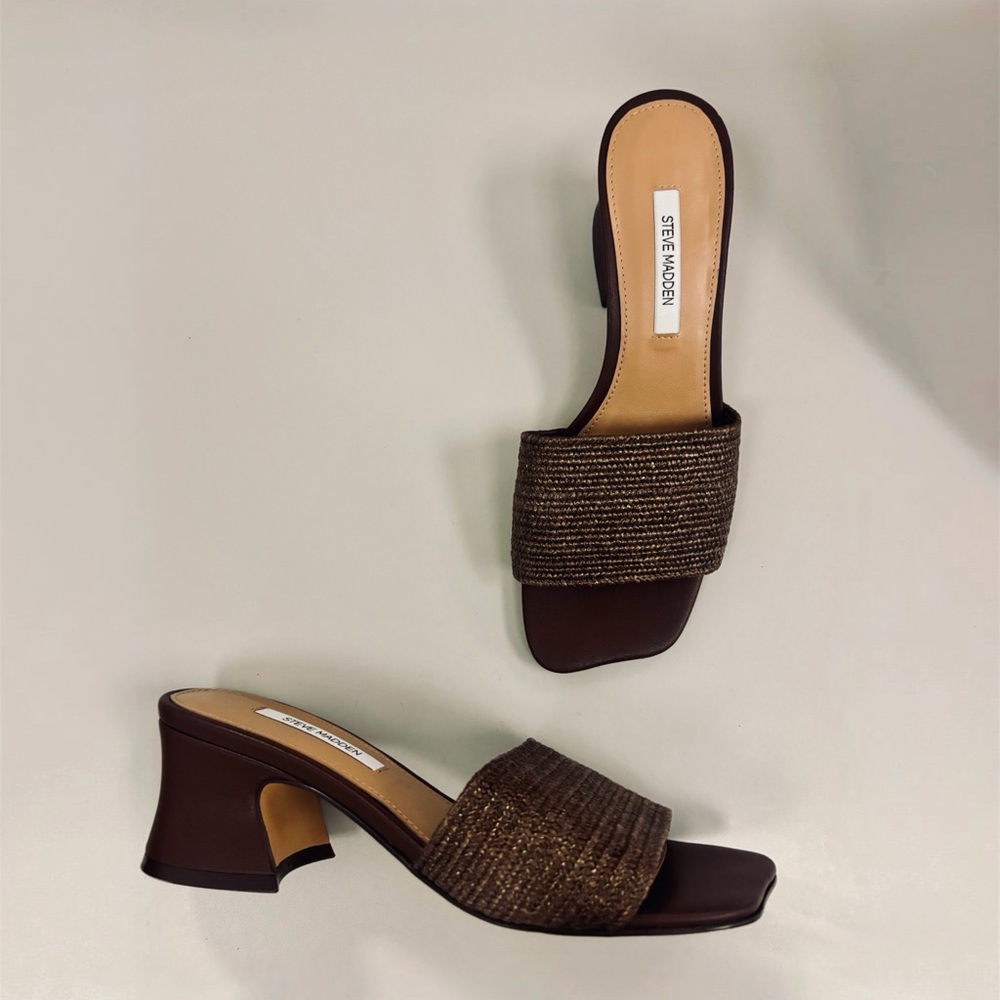 Steve Madden FROLIC brown raffia block heel mule sandals, women’s size 6 NWOT